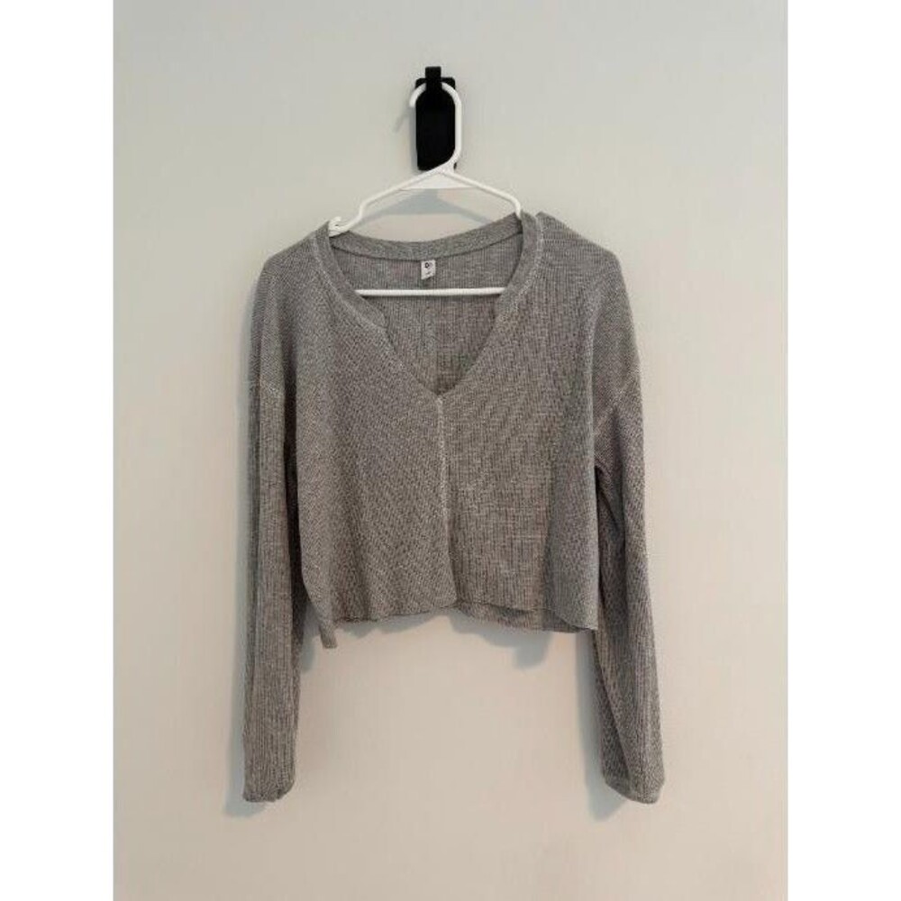 BP Gray Waffle Knit Cropped Long Sleeve Top Women's Small